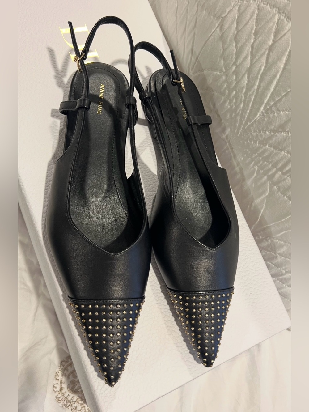 Anine Bing Black Leather Pointed Slingbacks with Gold Studded Toes NWOT